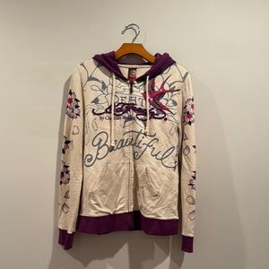 Ed Hardy Cream and Purple Zip-Up Jacket with Ornate Designs